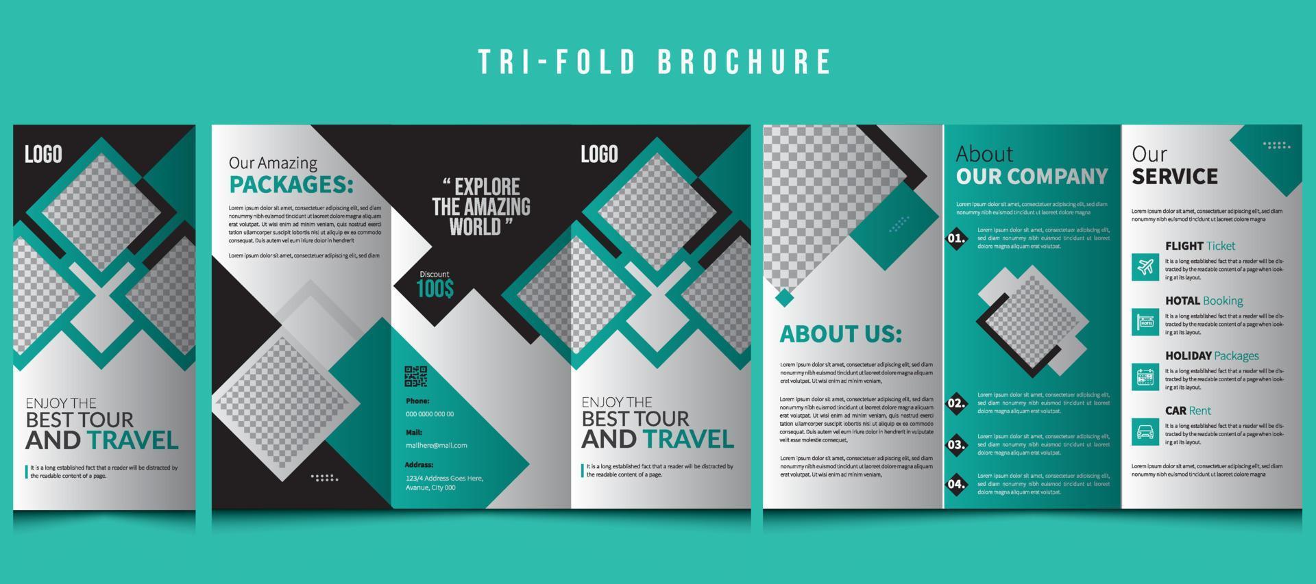 reizen tours drievoud brochure sjabloon. reizen agentschap brochure. agentschap bedrijf drievoud folder, poster, brochure, tour en boodschappen doen brochure sjabloon, vector