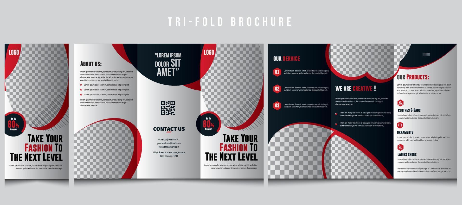 mode drievoud brochure, bedrijf brochure sjabloon, rood kleur brochure ontwerp, reclame, bedrijf brochure, bewerkbare brochure sjabloon, vector