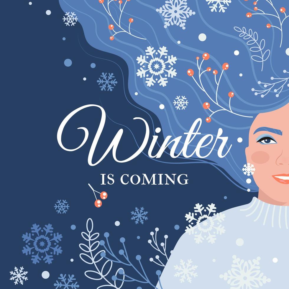 ansichtkaart ontwerp met een jong blauwharig mooi meisje en de opschrift winter is komt eraan. genieten de Kerstmis concept. vector illustratie in vlak stijl.