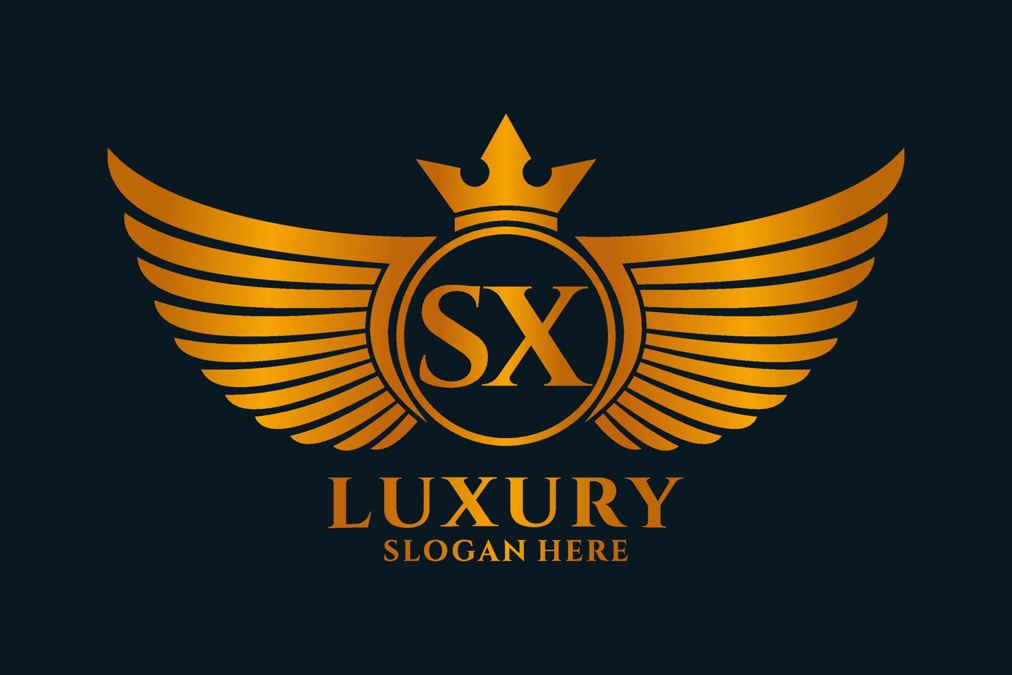 luxe Koninklijk vleugel brief sx kam goud kleur logo vector, zege logo, kam logo, vleugel logo, vector logo sjabloon.