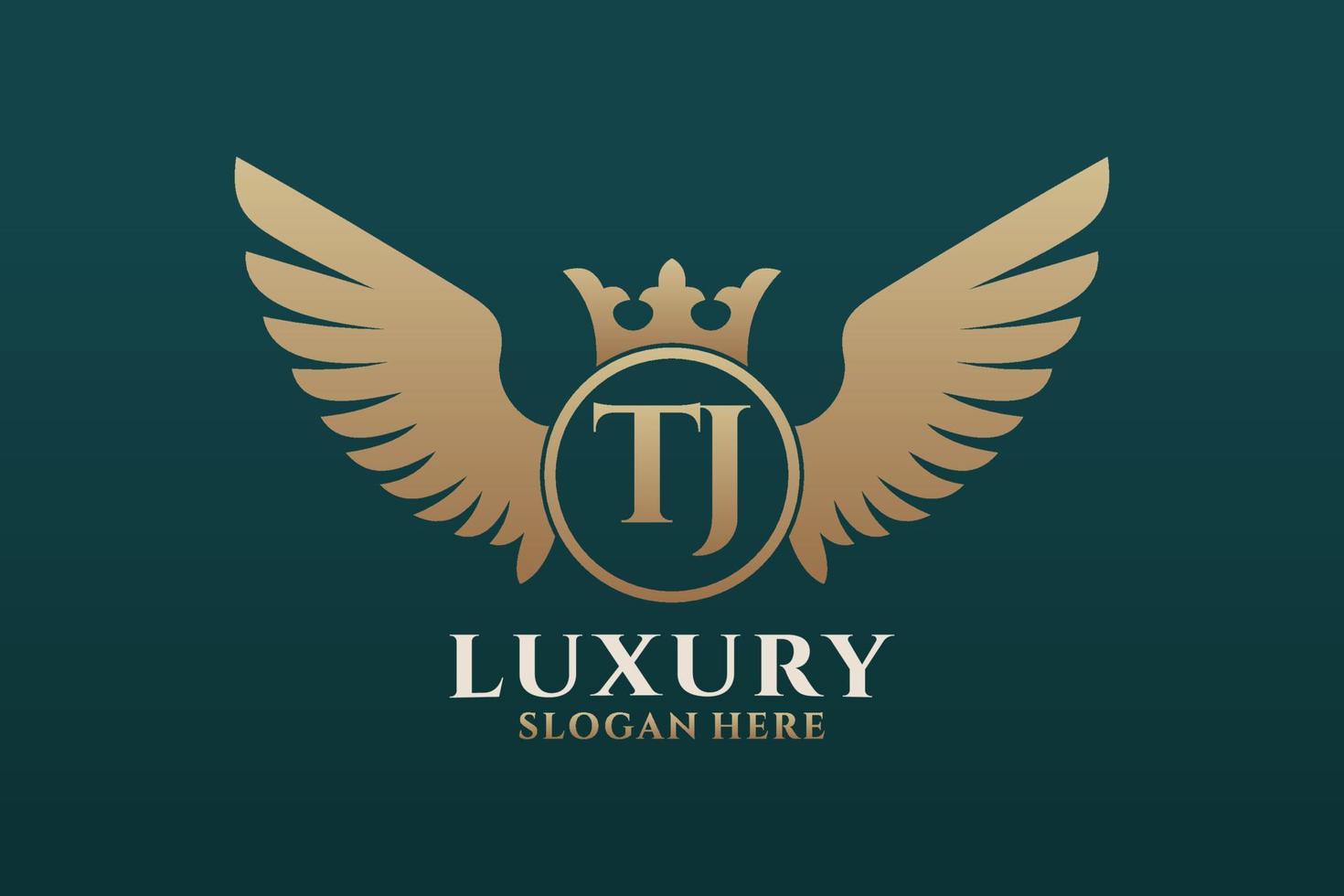 luxe Koninklijk vleugel brief tj kam goud kleur logo vector, zege logo, kam logo, vleugel logo, vector logo sjabloon.