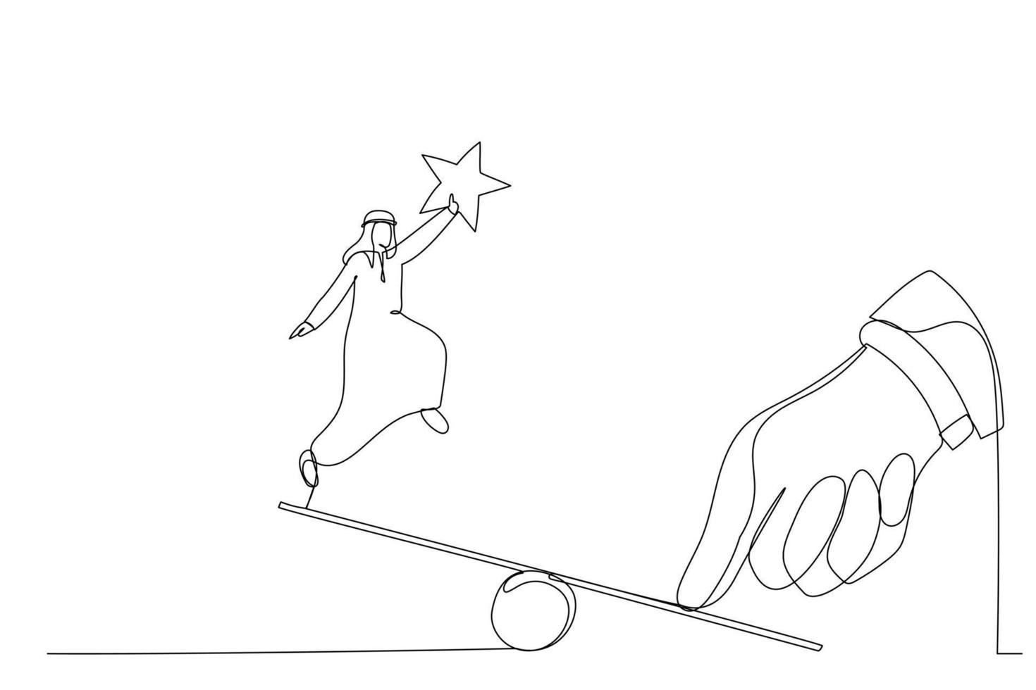 illustratie van reusachtig duim helpen Arabisch zakenman naar springen Aan wip. een lijn kunst stijl vector