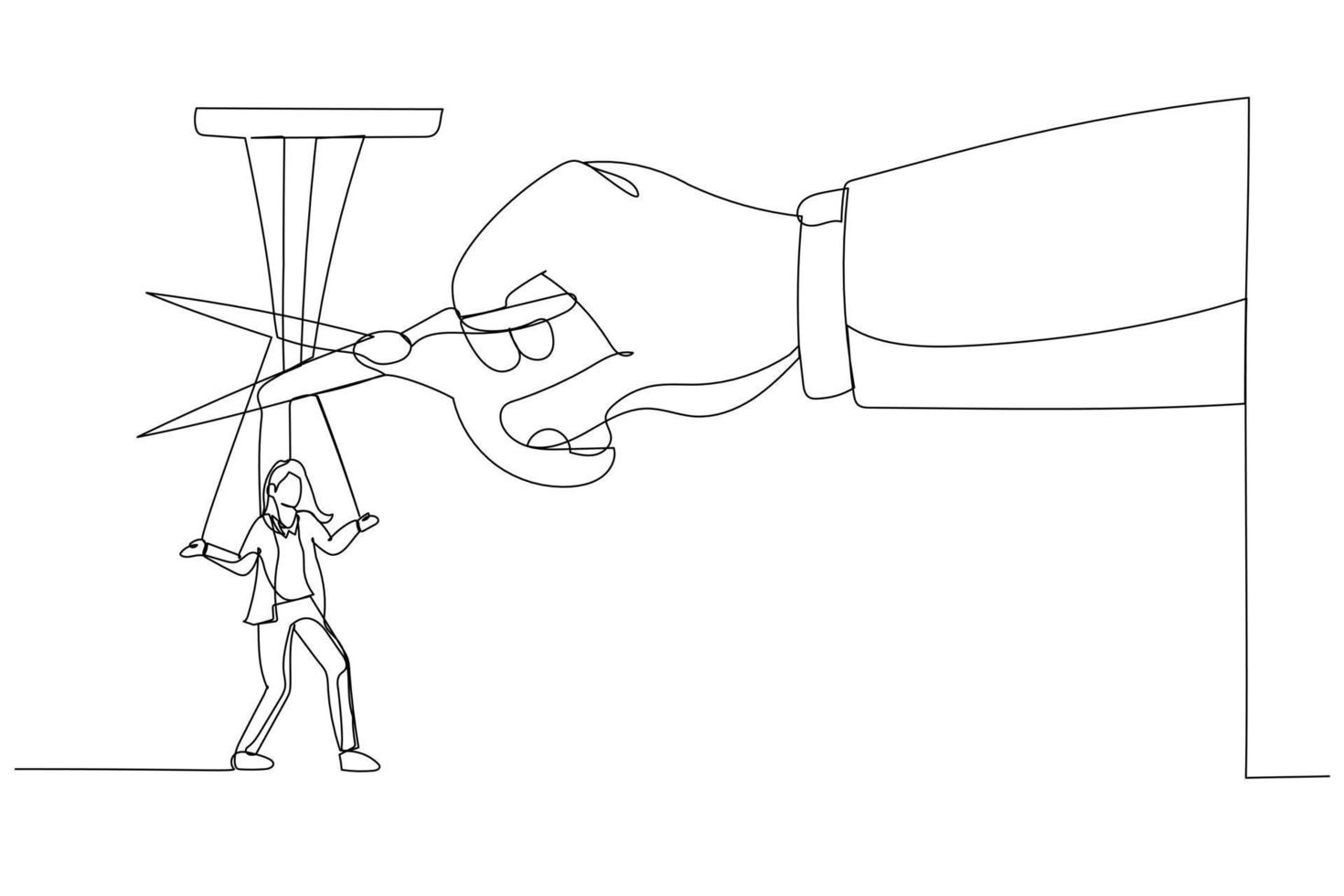 tekenfilm van reusachtig hand- met schaar snijdend de strings gehecht naar zakenvrouw. metafoor voor vrijheid, onafhankelijk, bevrijding. single lijn kunst stijl vector