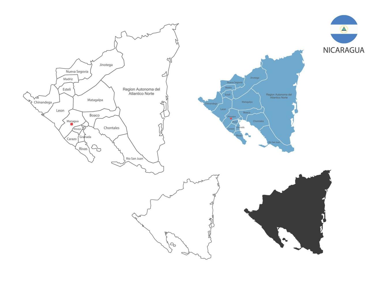 4 stijl van Nicaragua kaart vector illustratie hebben allemaal provincie en Mark de hoofdstad stad van Nicaragua. door dun zwart schets eenvoud stijl en donker schaduw stijl. geïsoleerd Aan wit achtergrond.