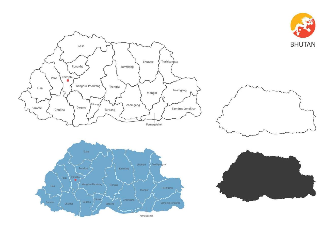 4 stijl van Bhutan kaart vector illustratie hebben allemaal provincie en Mark de hoofdstad stad van bhutan. door dun zwart schets eenvoud stijl en donker schaduw stijl. geïsoleerd Aan wit achtergrond.