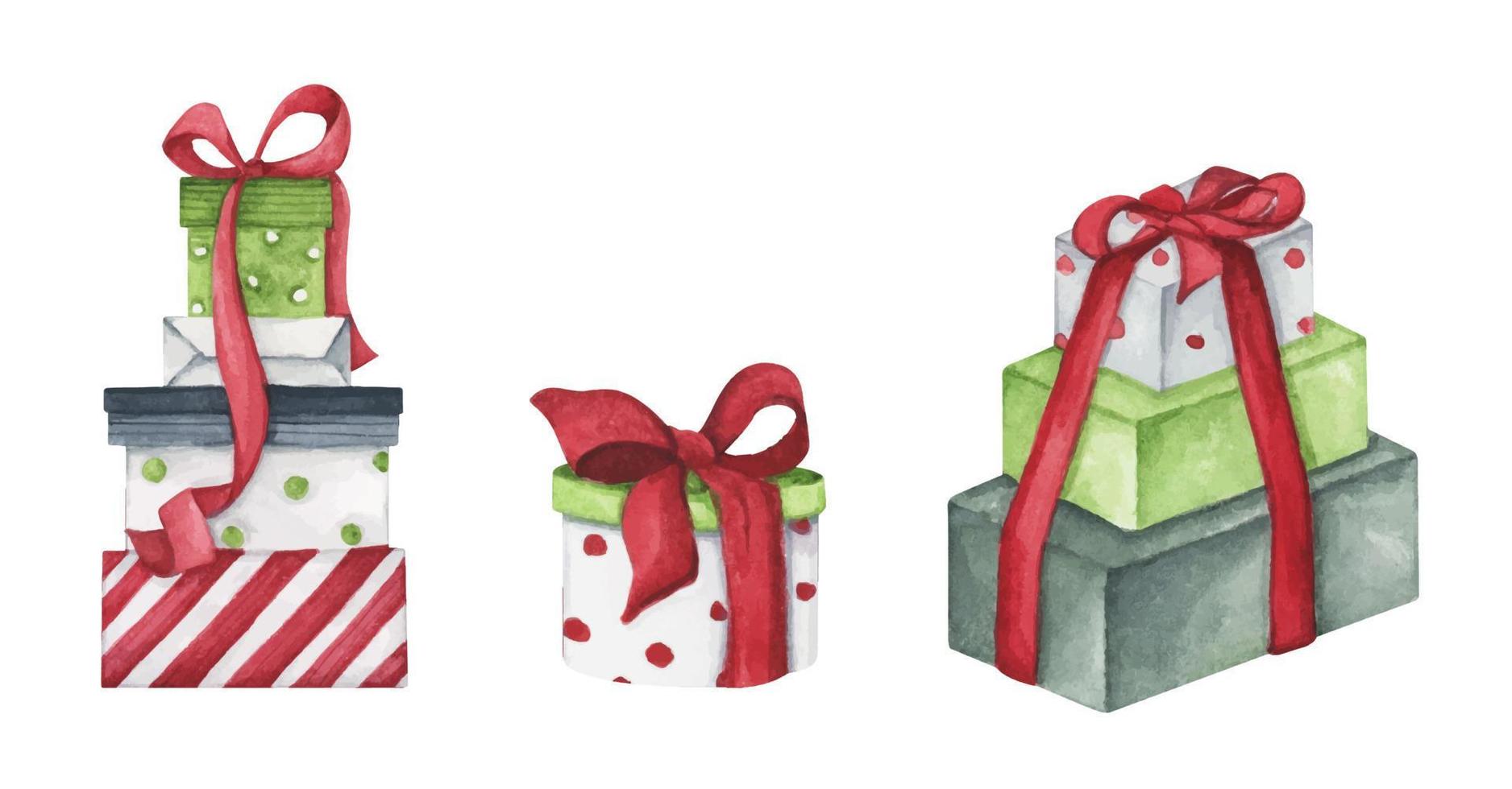 Kerstmis geschenk dozen met bogen, Cadeau doos set. voor ontwerp, afdrukken of achtergrond. waterverf illustratie. vector