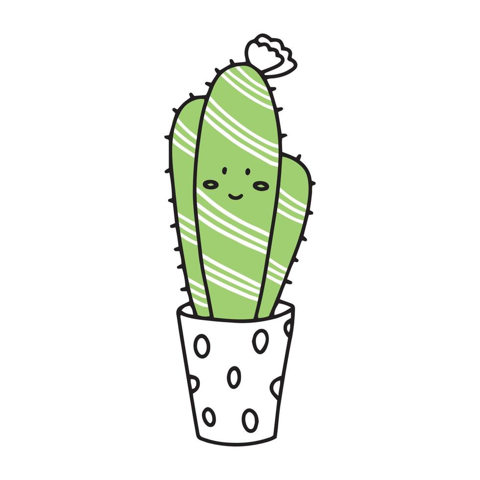 schattig cactus in de stijl van krabbels. cactus met kawaii emoties. vector illustratie van een gelukkig glimlachen cactus met stekels en naalden. een fabriek in een bloem pot. pictogrammen.