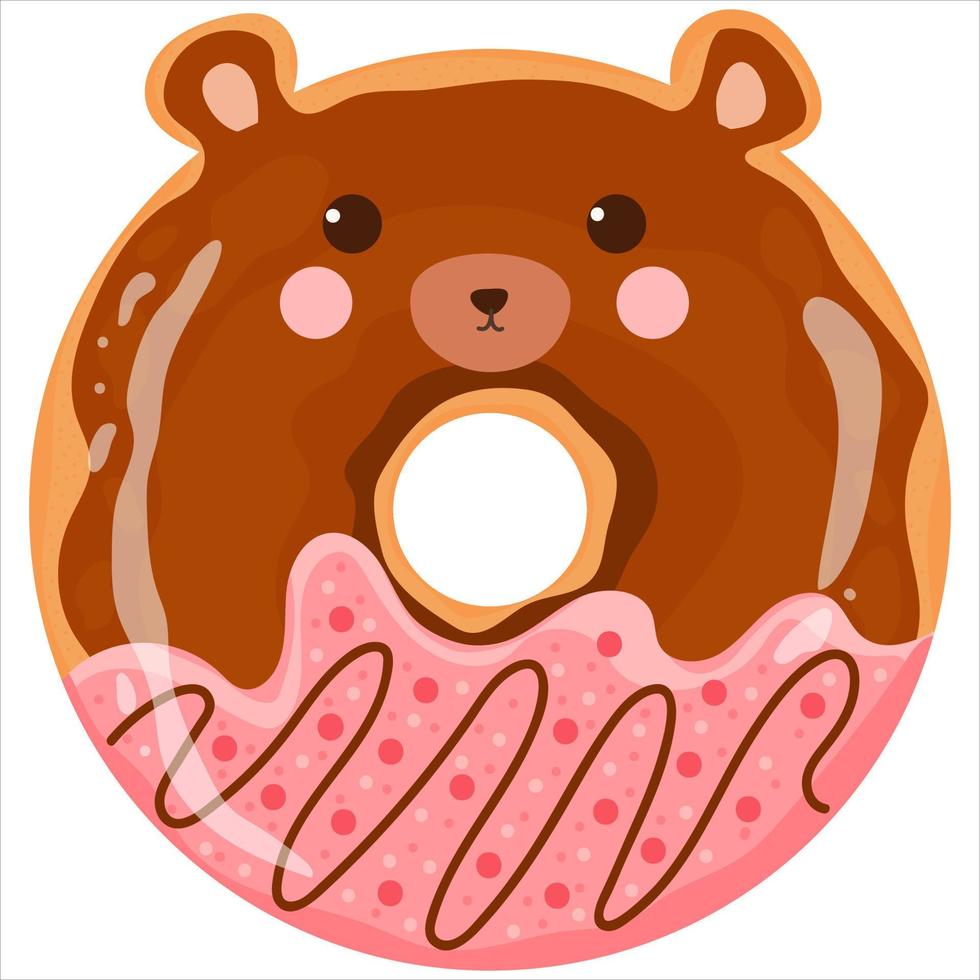 schattig beer met gezicht donut met roze en chocola glazuur, smakelijk snoepgoed voor kinderen in tekenfilm kinderachtig stijl vector