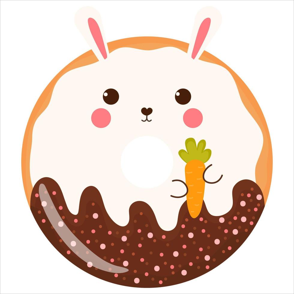 schattig konijn Holding wortel donut met chocola glazuur, smakelijk snoepgoed voor kinderen in tekenfilm kinderachtig stijl vector