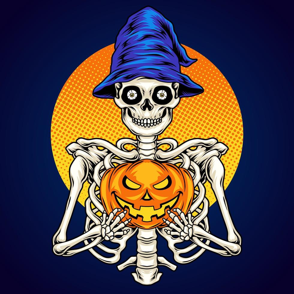 skelet Holding een pompoen halloween vector