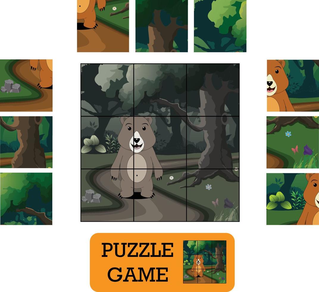 puzzel spel voor kinderen met dieren, beer in een diep Woud kinderen werkzaamheid spel vector