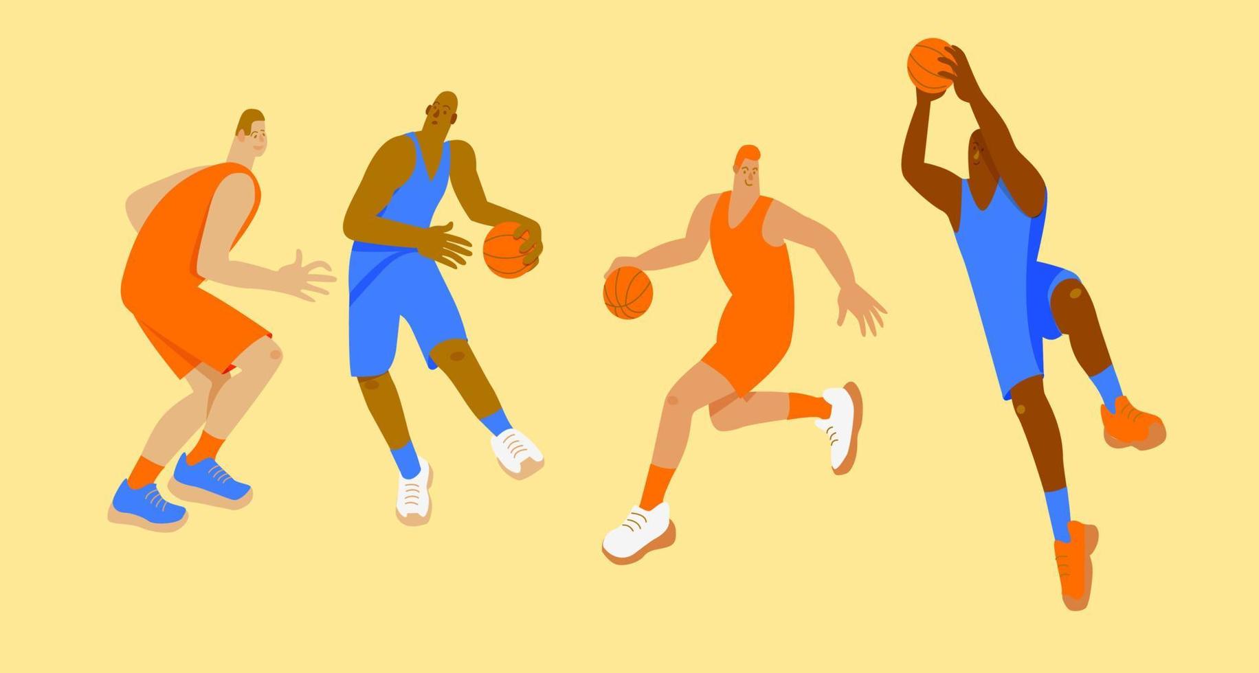 basketbal spelers in oranje en blauw uniformen in verschillend poseert. reeks vector