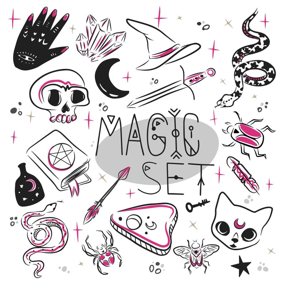 magie set, handgeschreven inscriptie, magisch accessoires en voorwerpen voor magie vector