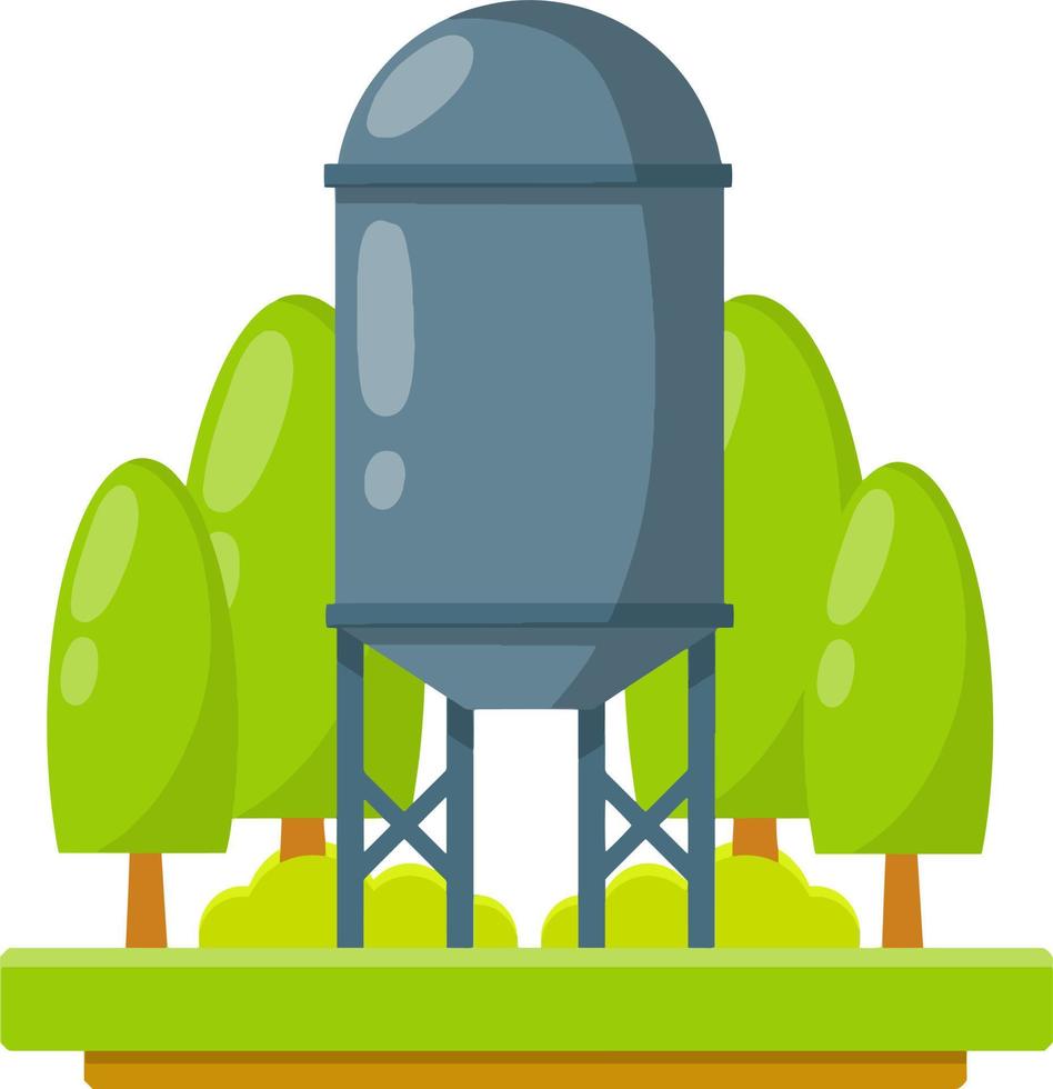 industrieel tank. hoog cilinder en loop. grijs lint voor tekst en logo. tekenfilm vlak illustratie. boerderij gebouw en groen landelijk landschap met bomen vector