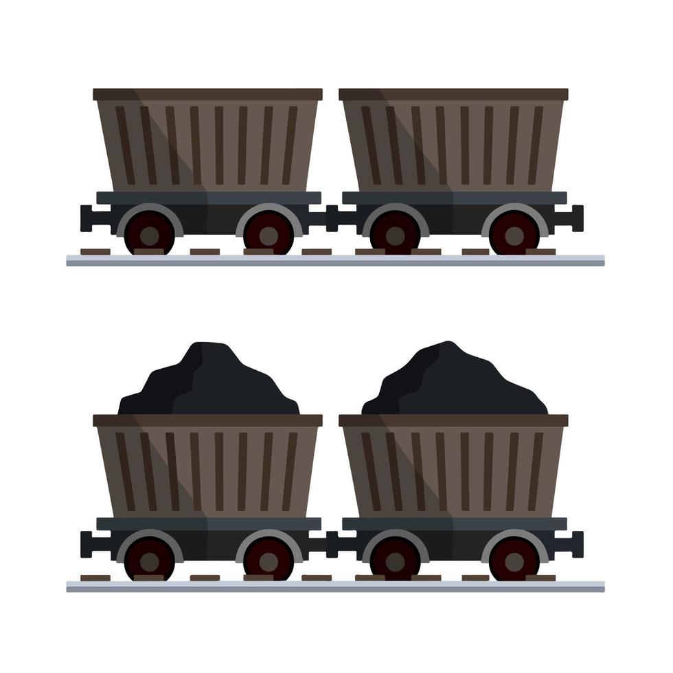 trolley met steenkool. ondergronds vervoer. mijnbouw apparatuur. extractie van mineralen. zwaar industrie. een mand van goederen Aan de rails. geladen en leeg treinwagon. vlak tekenfilm vector