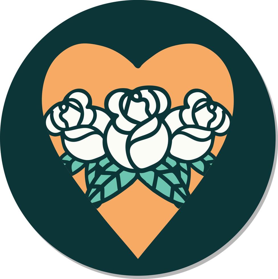 sticker van tatoeëren in traditioneel stijl van een hart en bloemen vector