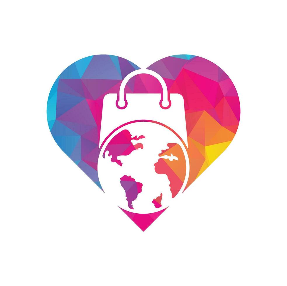 wereld winkel hart vorm concept logo sjabloon ontwerp vector. aarde en uitverkoop symbool of icoon. wereldbol en markt logotype ontwerp sjabloon. vector