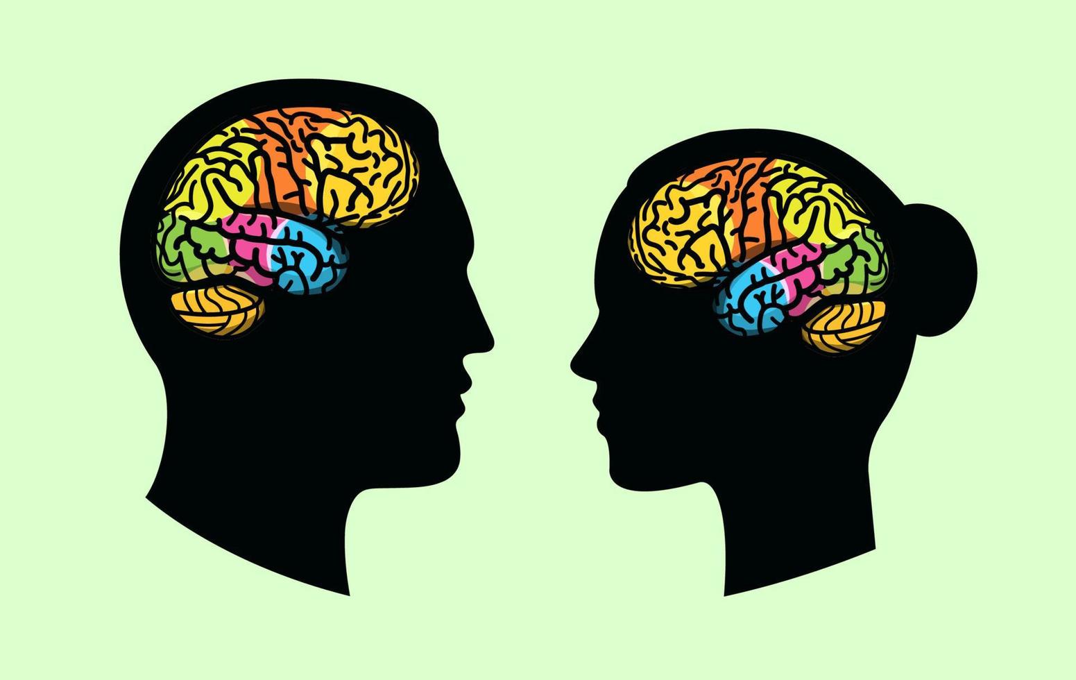 hersenkronkels in mannelijke en vrouwelijke zwarte menselijk hoofd silhouet, platte vectorillustratie. vector