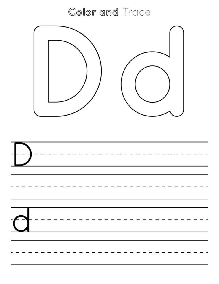 d brief traceren werkblad . hoofdletters en kleine letters brief of alfabet spoor kinderen werkblad vector