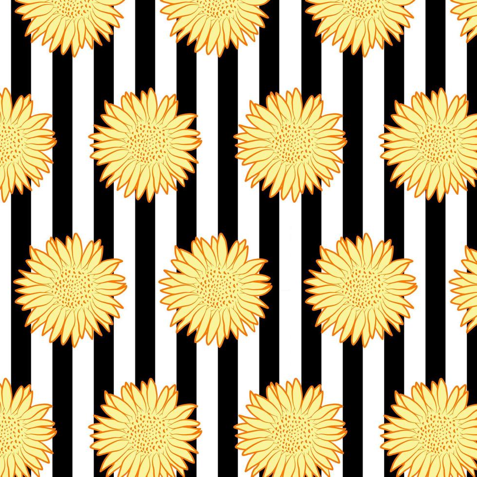 retro-stijl zonnebloem naadloos patroon met zwarte strepen. abstracte bloemen botanische stof afdruksjabloon. behang vectorillustratie ontwerp. zomer grafische omtrek tekening textuur. vector