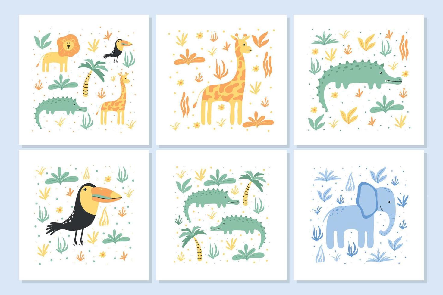 kinderen posters met oerwoud dieren. een reeks van posters met een krokodil, giraffe, olifant, toekan, leeuw. getrokken posters voor de kinderkamer. vector illustratie.