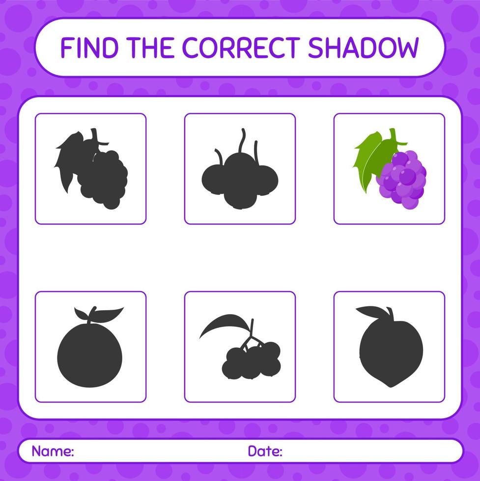 vind het juiste schaduwspel met druif. werkblad voor kleuters, activiteitenblad voor kinderen vector