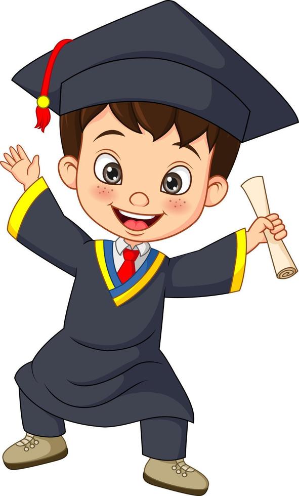 cartoon kleine jongen in afstudeerkostuum met een diploma vector