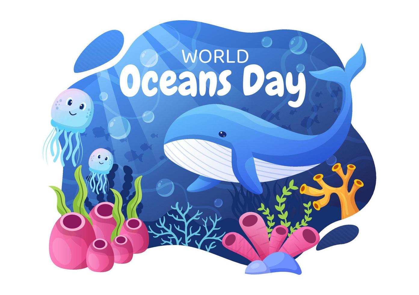 wereld oceaan dag cartoon afbeelding met onderwater landschap, verschillende vis dieren, koralen en zeeplanten gewijd aan het helpen beschermen of behouden vector