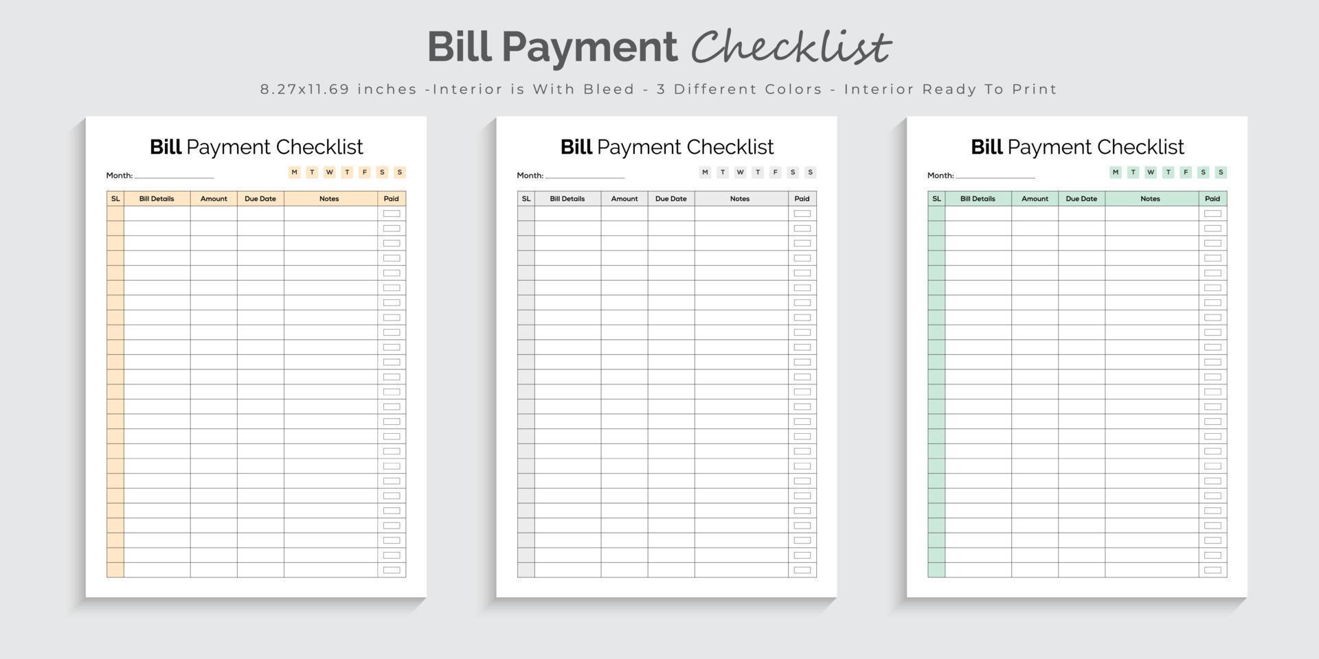 Bill betaling checklist ontwerper logboek en tracker afdrukbare interieur ontwerp sjabloon vector