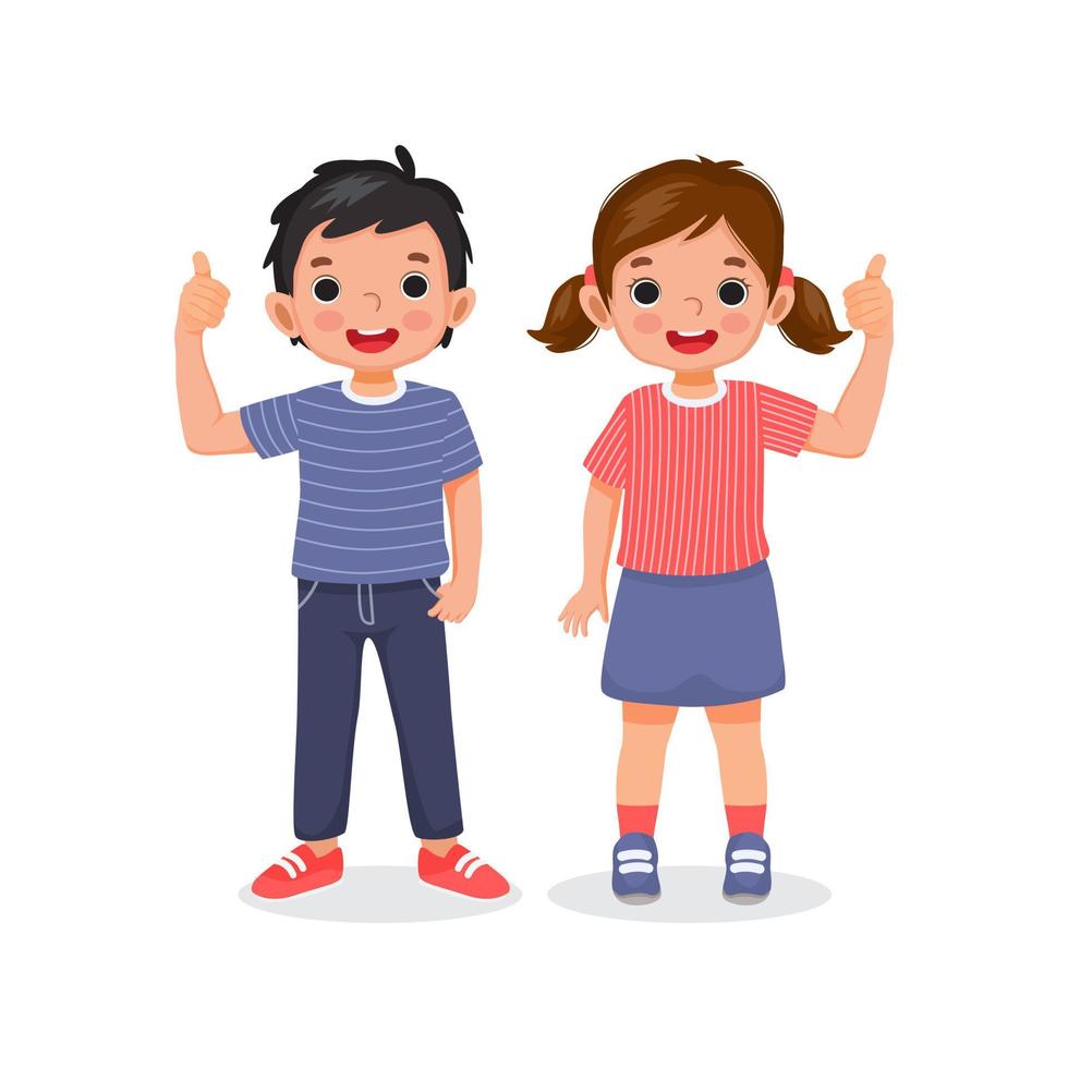 schattige kleine jongen en meisje geven duimen op gebaren met positieve gezichtsuitdrukking. kinderen laten zien dat ze het leuk vinden, goedkeuren en tekenen van succes vector