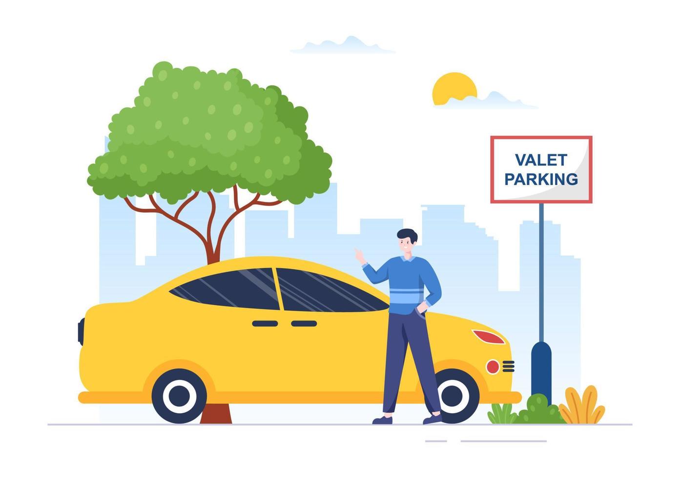 valet parking met ticket afbeelding en meerdere auto's op openbare parkeerplaats in platte achtergrond cartoon afbeelding vector