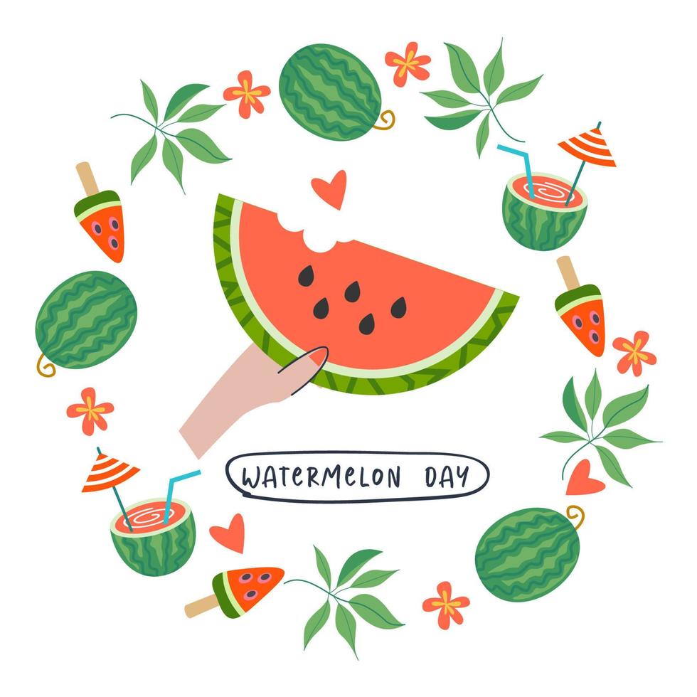 watermeloen dag. feestelijke leuke vector clipart. sjabloon voor een ansichtkaart, poster, uitnodiging.