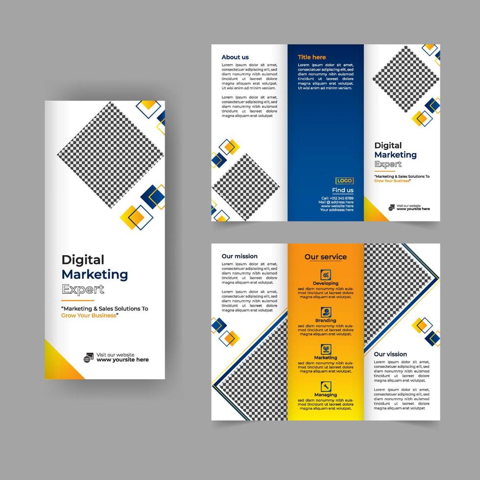 digitale marketing driebladige brochure jaarlijkse rapportomslag, zakelijke drievoudige bedrijfsbrochureomslag of flyerontwerp. presentatie van de folder. catalogus met abstracte geometrische achtergrond vector