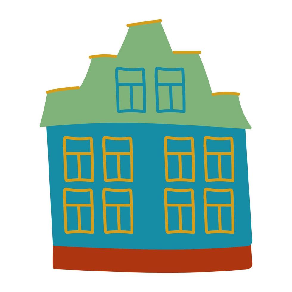kinderachtig huis in eenvoudige handgetekende stijl. kleurrijke gebouw van stad of dorp. vector handgetekende illustratie geïsoleerd op wit voor kinderen design
