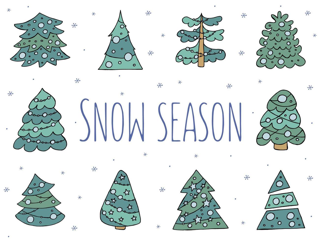 een handgetekende kerstboom. vectorillustratie in doodle stijl. winterse stemming. hallo 2023. prettige kerstdagen en gelukkig nieuwjaar. groene bomen met een blauw speelgoed op een witte achtergrond. vector