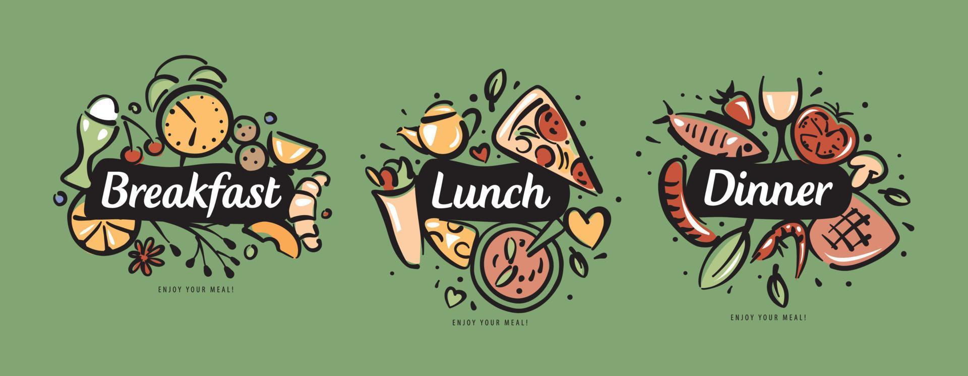 getekende sets van producten voor ontbijt, lunch en diner vector