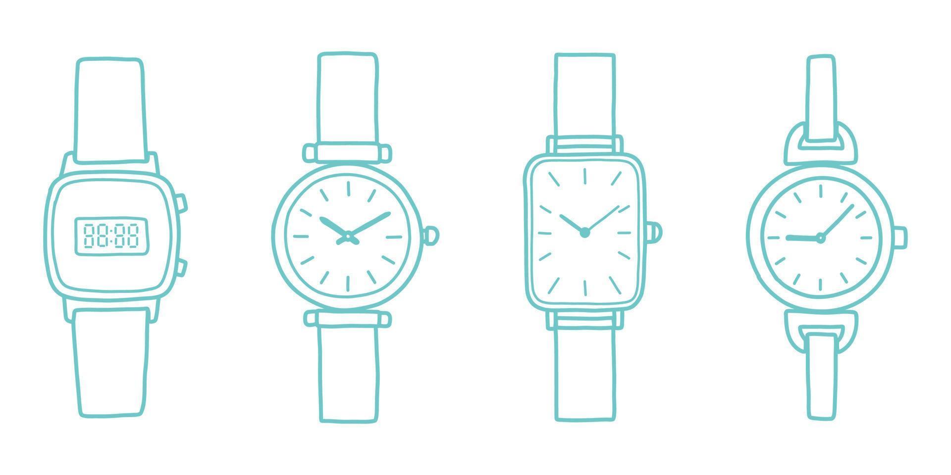 doodle horloge set, blauwe kleur vectorillustratie vector