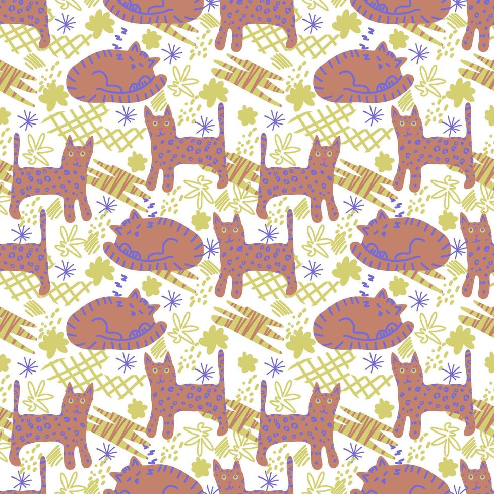 vector naadloos patroon. schattige katten en abstracte kleurrijke doodle platte vormen, lijnen, vlekken, lijnen, strepen, bloemen.