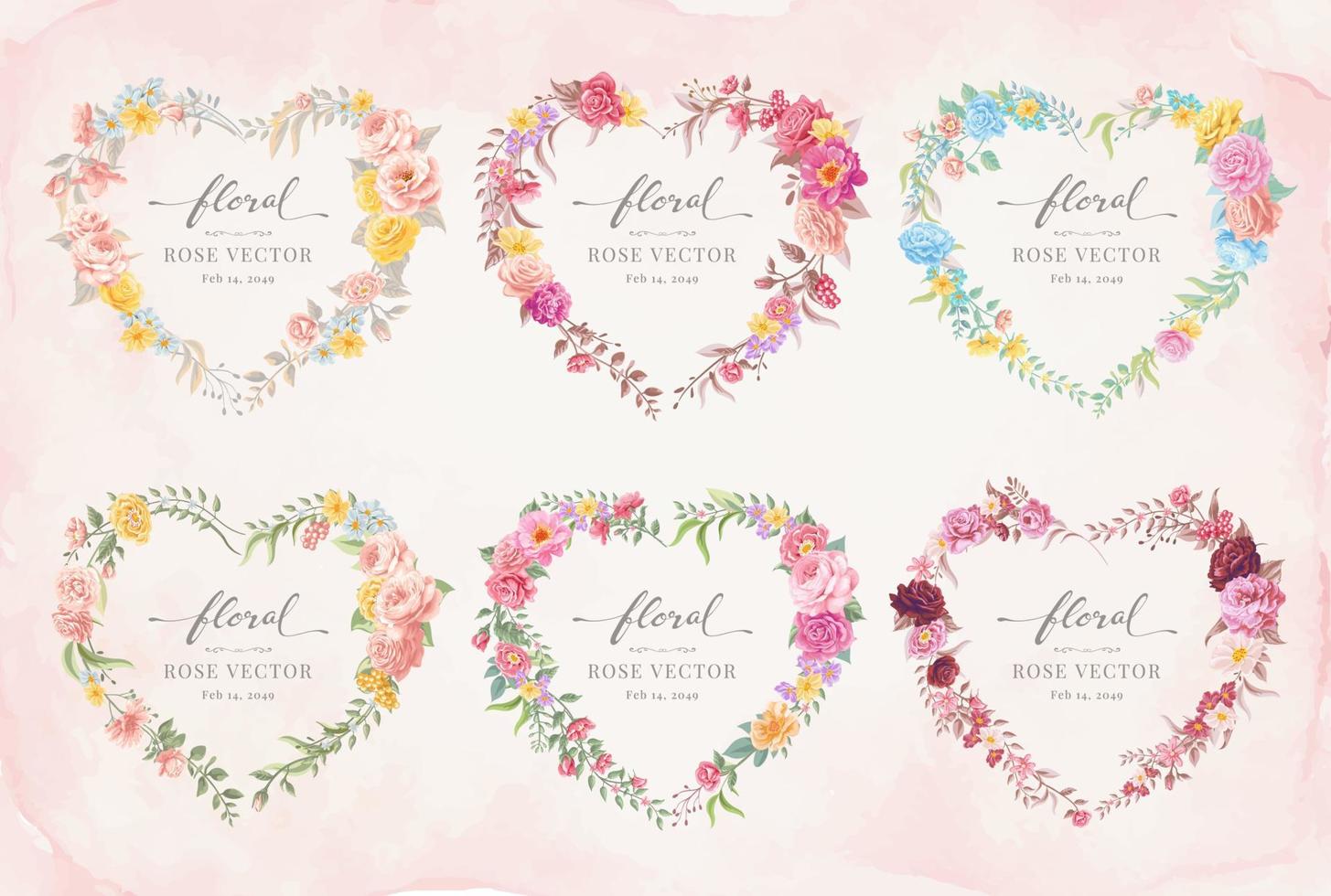 collectie set label hartvorm mooie roos bloem en botanisch blad digitaal geschilderde illustratie voor liefde bruiloft valentijnsdag of arrangement uitnodiging ontwerp wenskaart vector