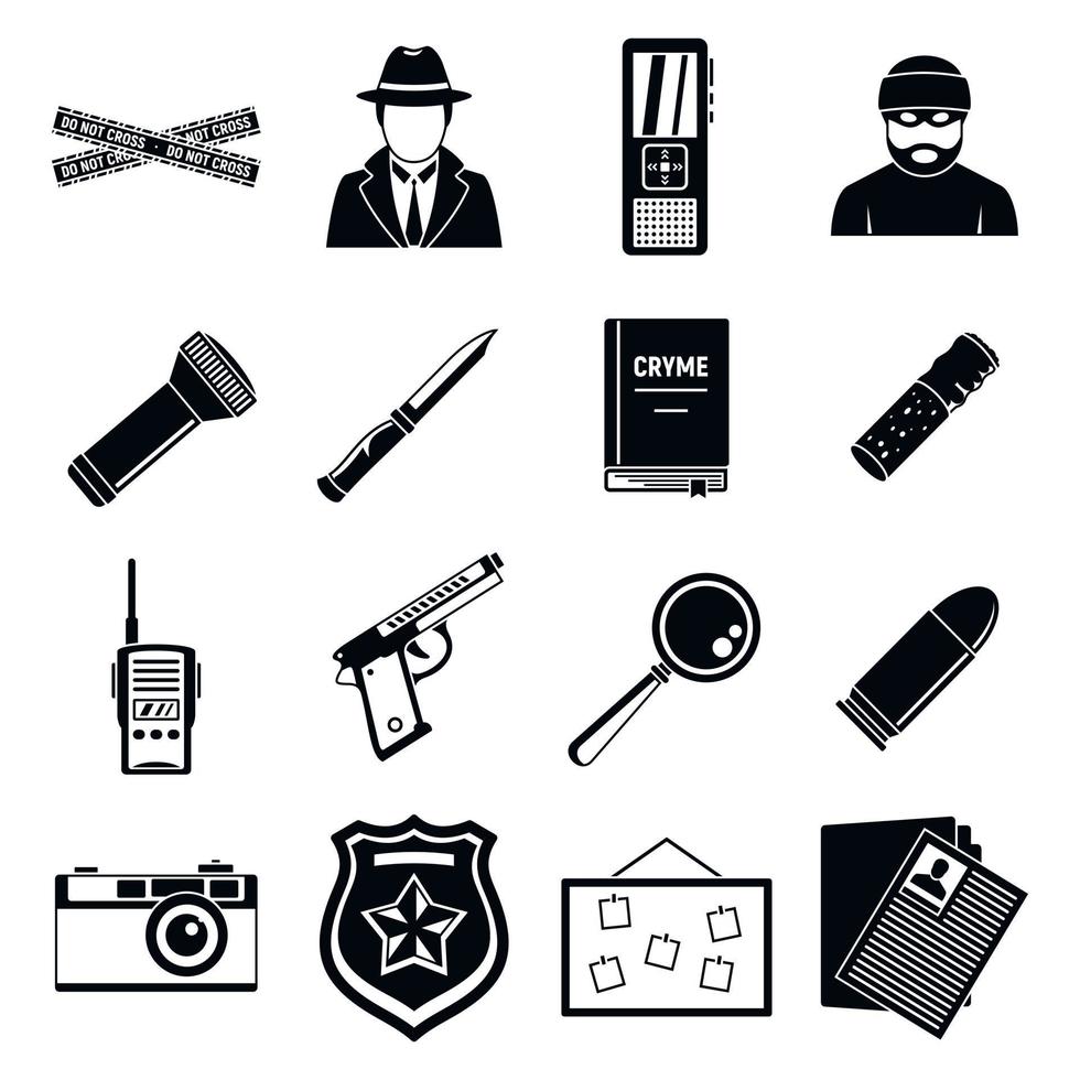 detective misdrijf onderzoek pictogrammen set, gemakkelijk stijl vector