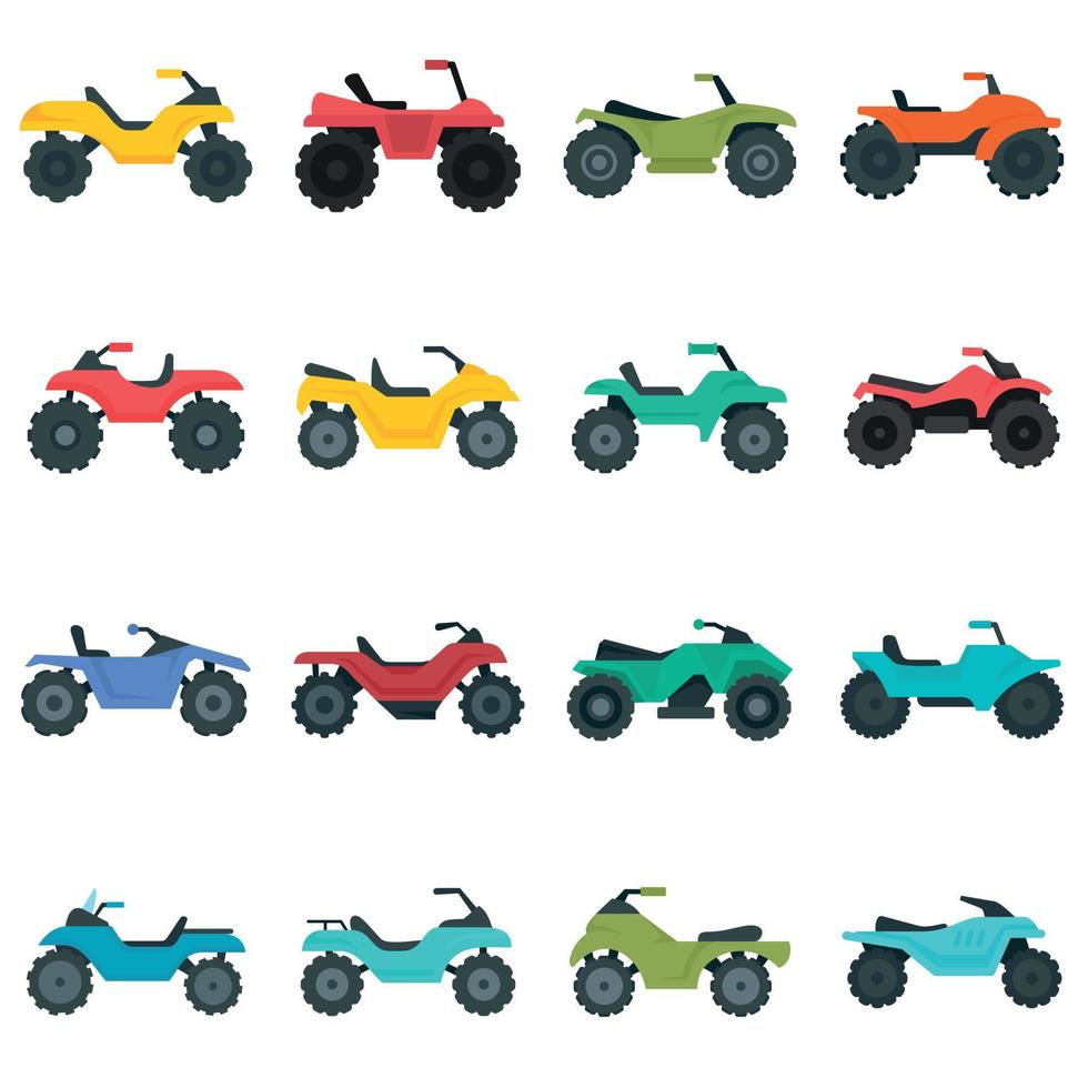 quad fiets iconen set, vlakke stijl vector