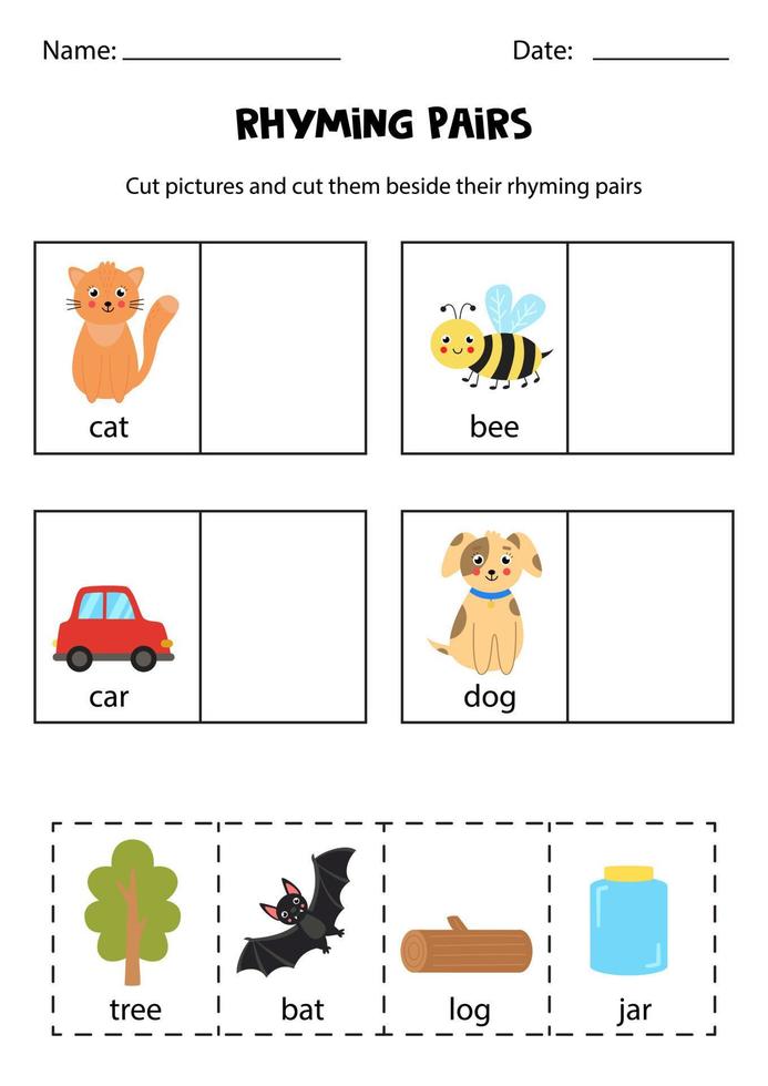 rijmparen vinden. educatief werkblad. knippen en plakken. vector