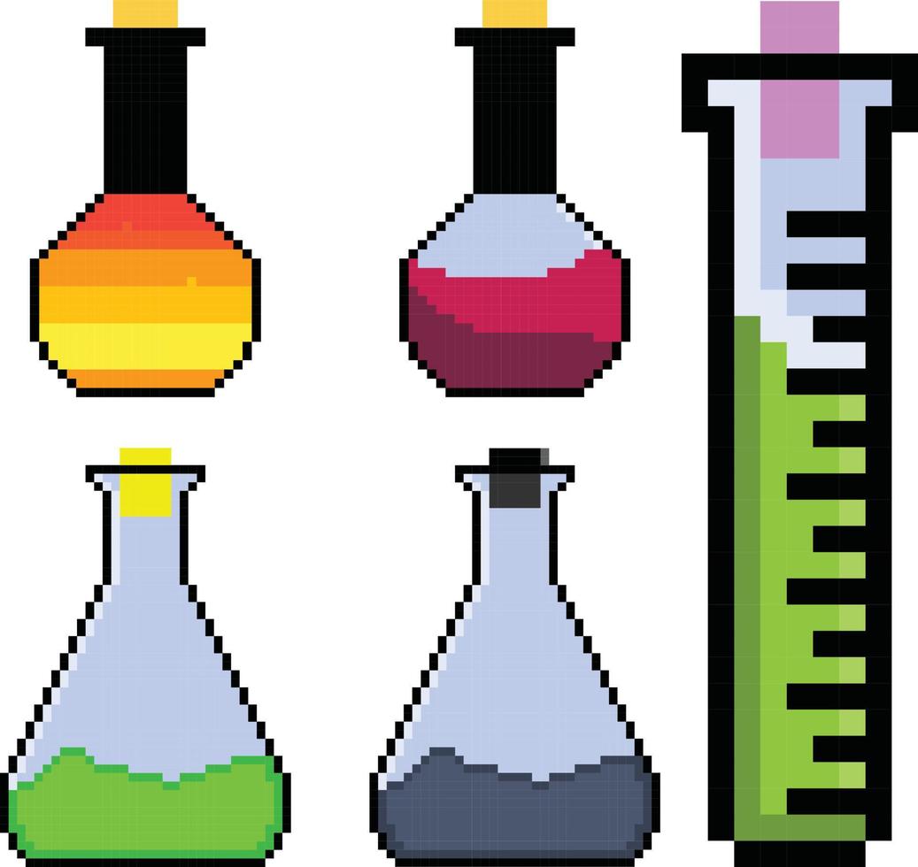 pixel art reageerbuis, wetenschap laboratorium glaswerk pixel set. vector