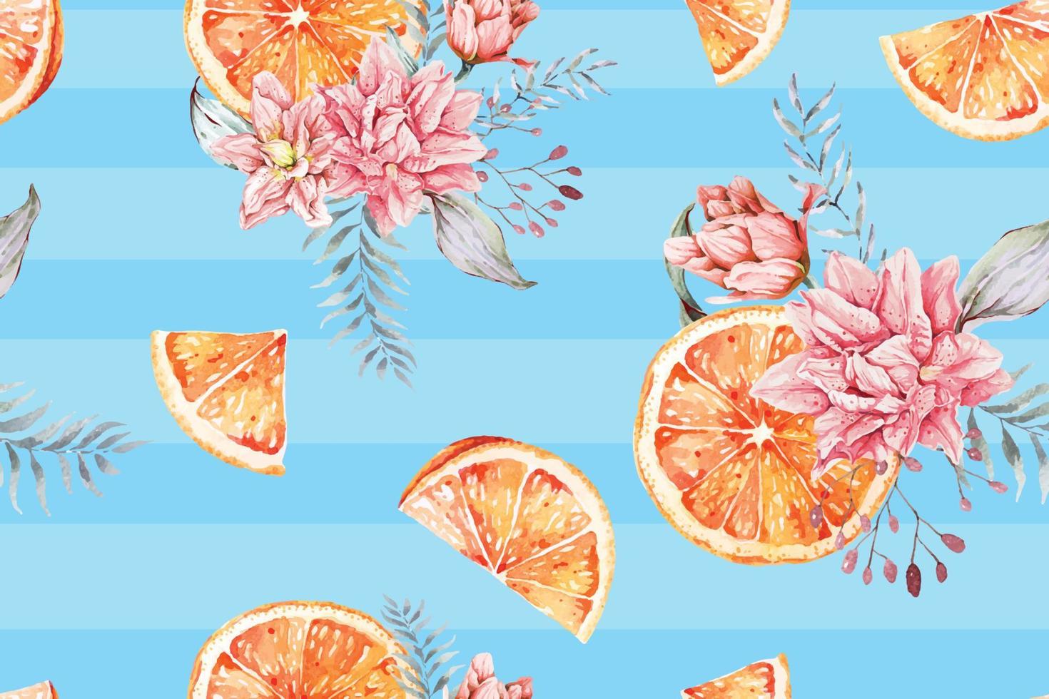 naadloos patroon van mandarijnen met waterverf voor kleding stof luxueus en behang, wijnoogst stijl.en bloemen, stengels en bladeren.plak van sinaasappel.citrus fruit. vector