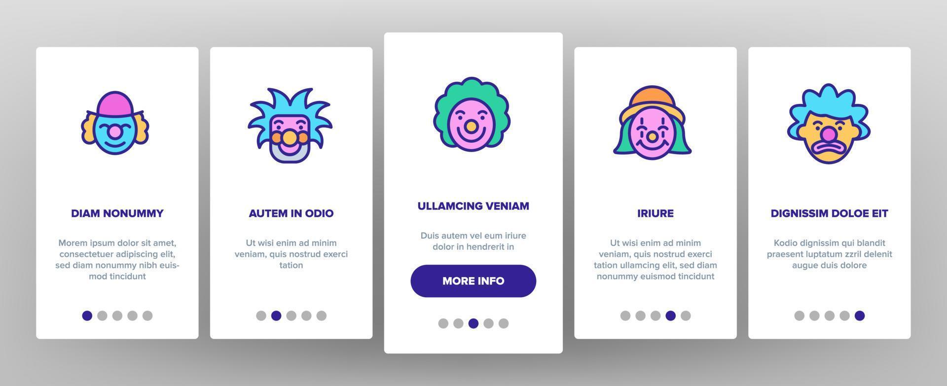 clown circus karakter onboarding pictogrammen instellen vector