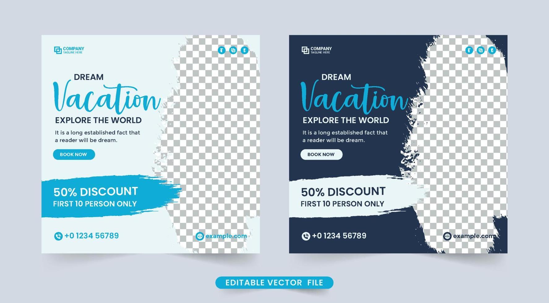 reizen agentschap sociaal media banier voor bedrijf Promotie. toeren bedrijf poster ontwerp voor advertentie. vakantie ontwerper organisatie brochure sjabloon. reizen korting aanbiedingen banier ontwerp. vector