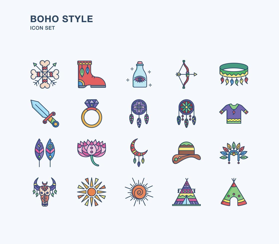 boho en tribal stijl lineaire gekleurde pictogrammenset vector