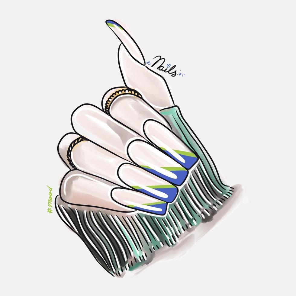vrouwelijke hand met lange nagels, trendy nageldesign, mode, manicure mood vector