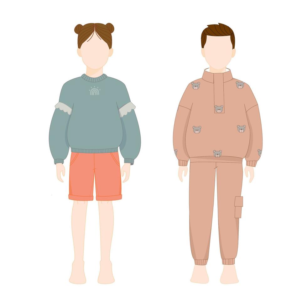 reeks van schetsen van elegant en verschillend jongen en meisje mode outfits vector