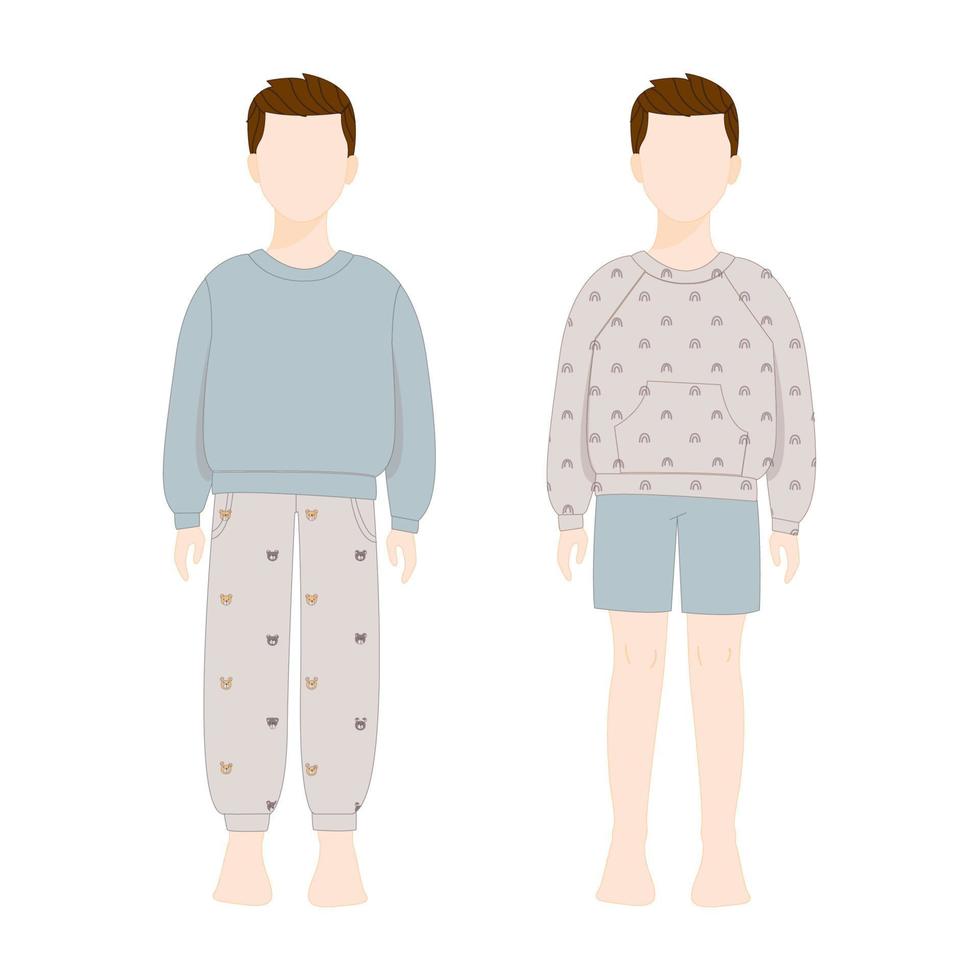 set schetsen van stijlvolle en diverse jongensmode-outfits vector